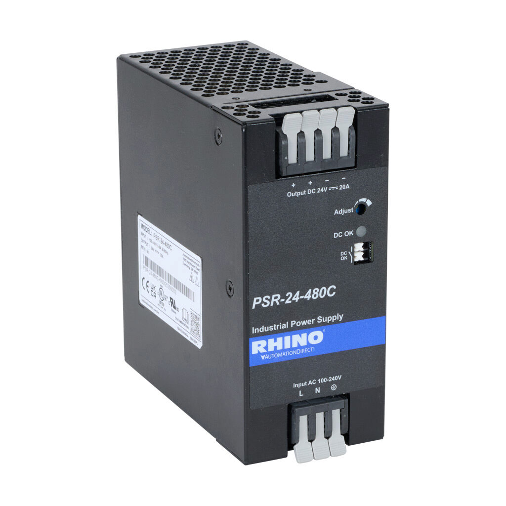 PSR-24-480C - RHINO PSR series switching power supply, 24 VDC @ 20A/480W, 120 VAC and 240 VAC nominal input, 1-phase, enclosed, metal housing, 35mm DIN rail mount, spring clamp terminal.