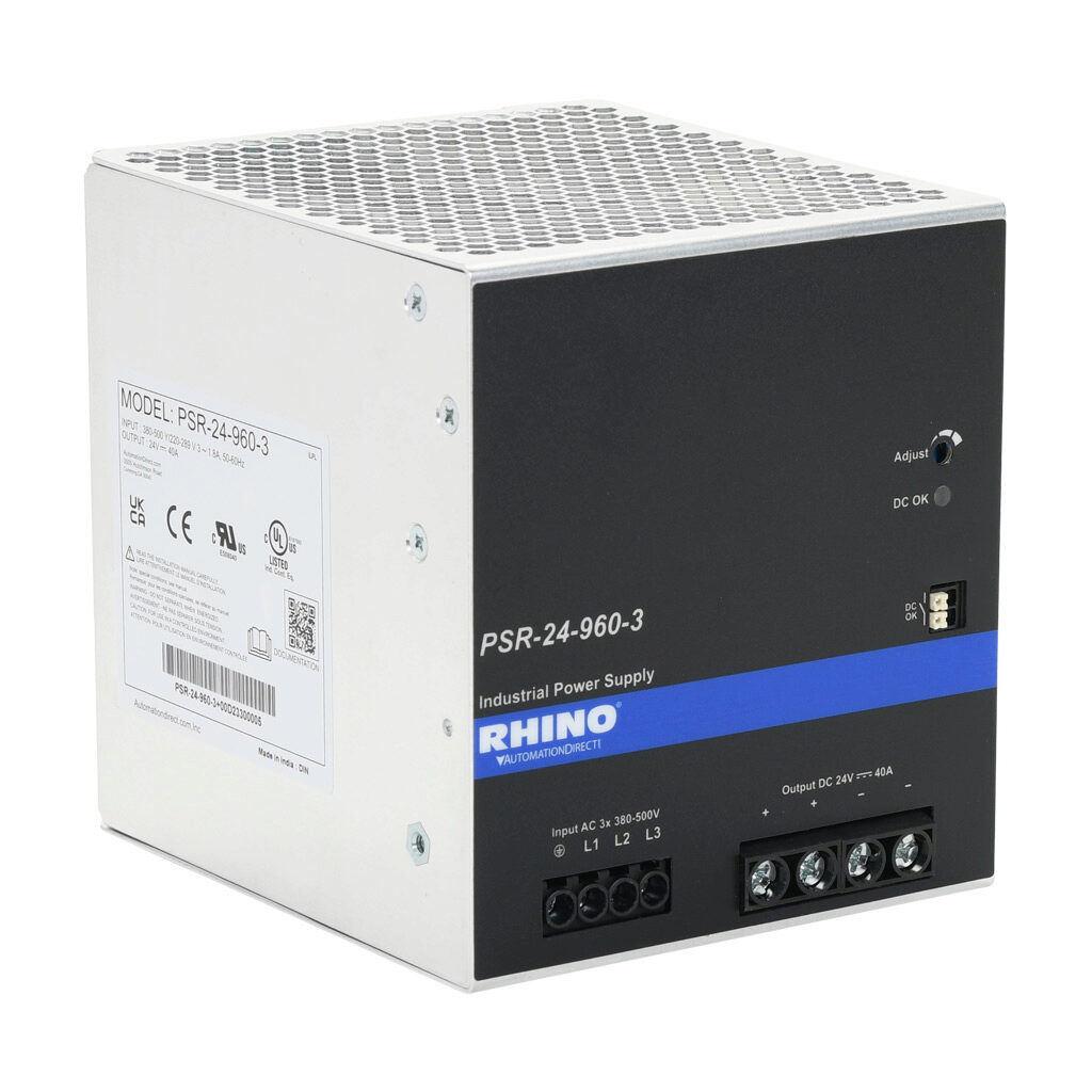 PSR-24-960-3 - RHINO PSR series switching power supply, 24 VDC @ 40A/960W, 480 VAC nominal input, 3-phase, enclosed, aluminum housing, 35mm DIN rail mount, screw terminals.