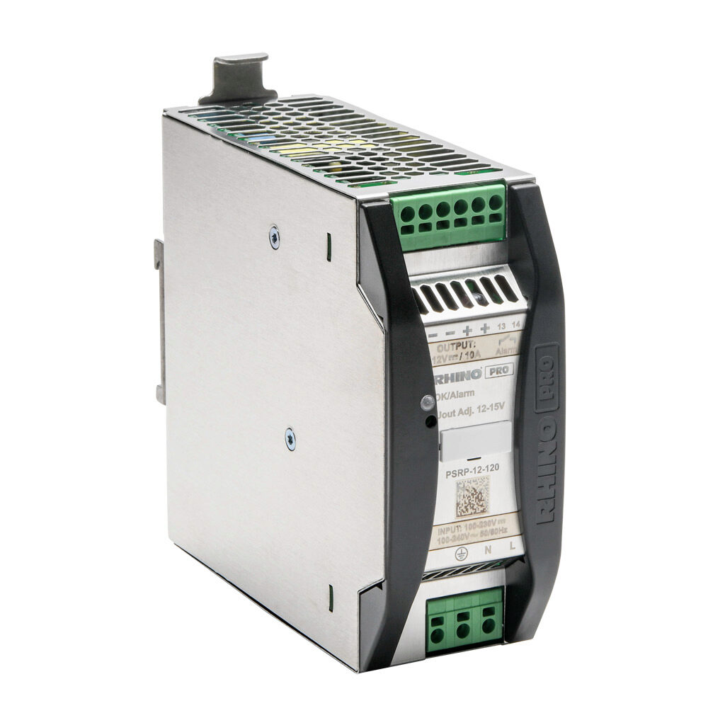 PSRP-12-120 - RHINO PRO PSRP series switching power supply, 12 VDC @ 10A/120W, 120 VAC and 240 VAC nominal input, 1-phase, enclosed, aluminum housing, 35mm DIN rail mount, push-in spring.