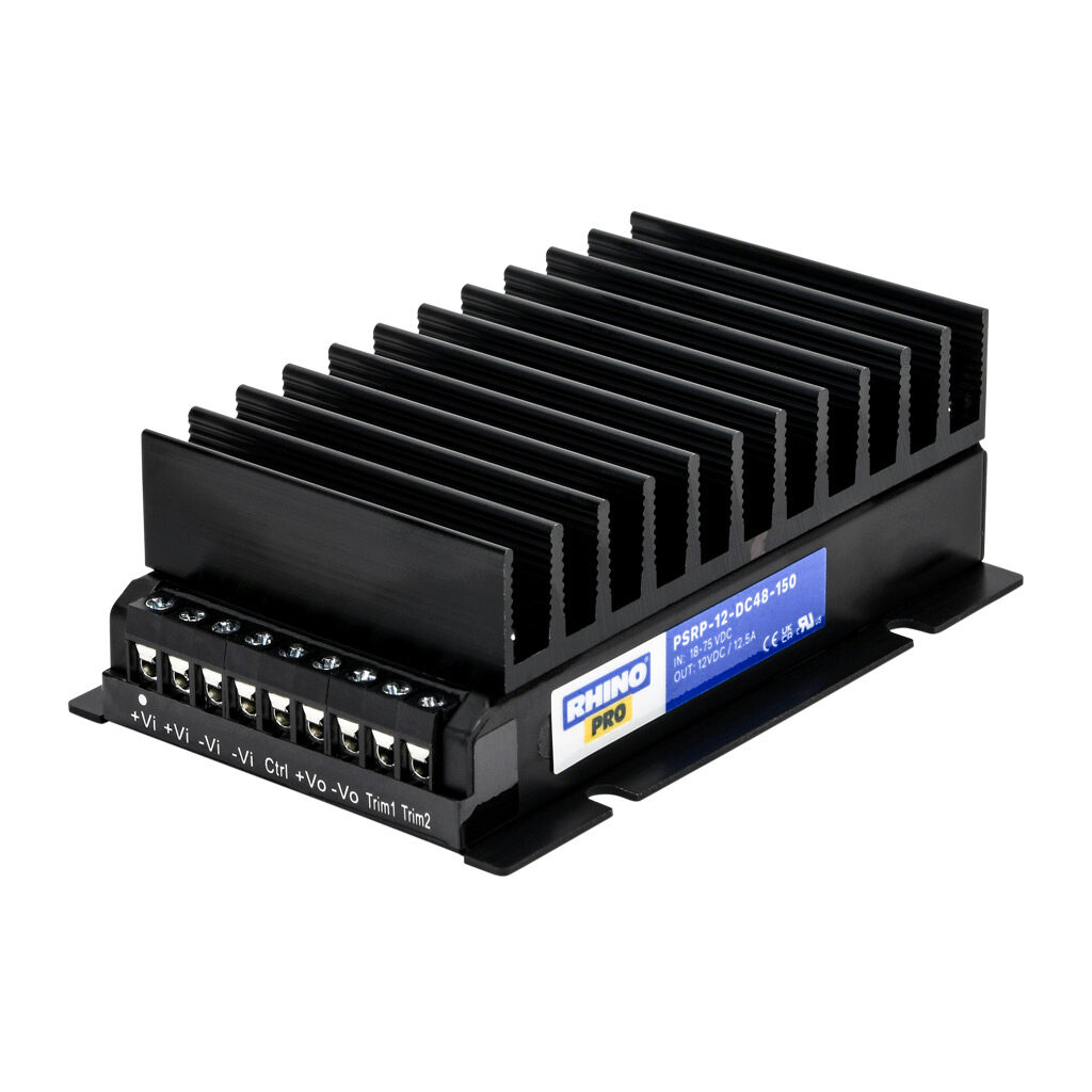 PSRP-12-DC48-150 - RHINO PRO DC to DC converter, 18-75 VDC input, 12 VDC output, 12.5A, 150W, aluminum housing, encapsulated, chassis mount, screw terminal.
