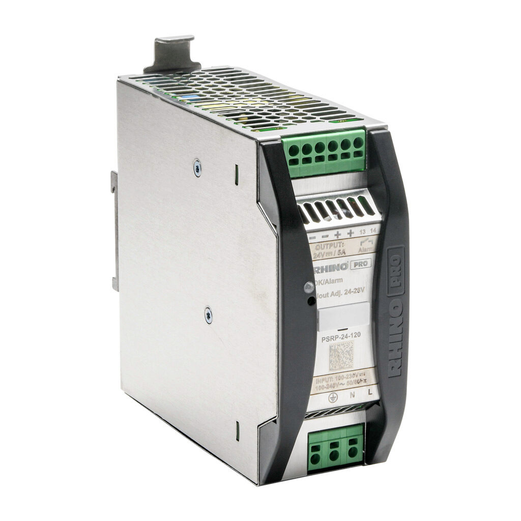 PSRP-24-120 - RHINO PRO PSRP series switching power supply, 24 VDC @ 5A/120W, 120 VAC and 240 VAC nominal input, 1-phase, enclosed, aluminum housing, 35mm DIN rail mount, push-in spring.