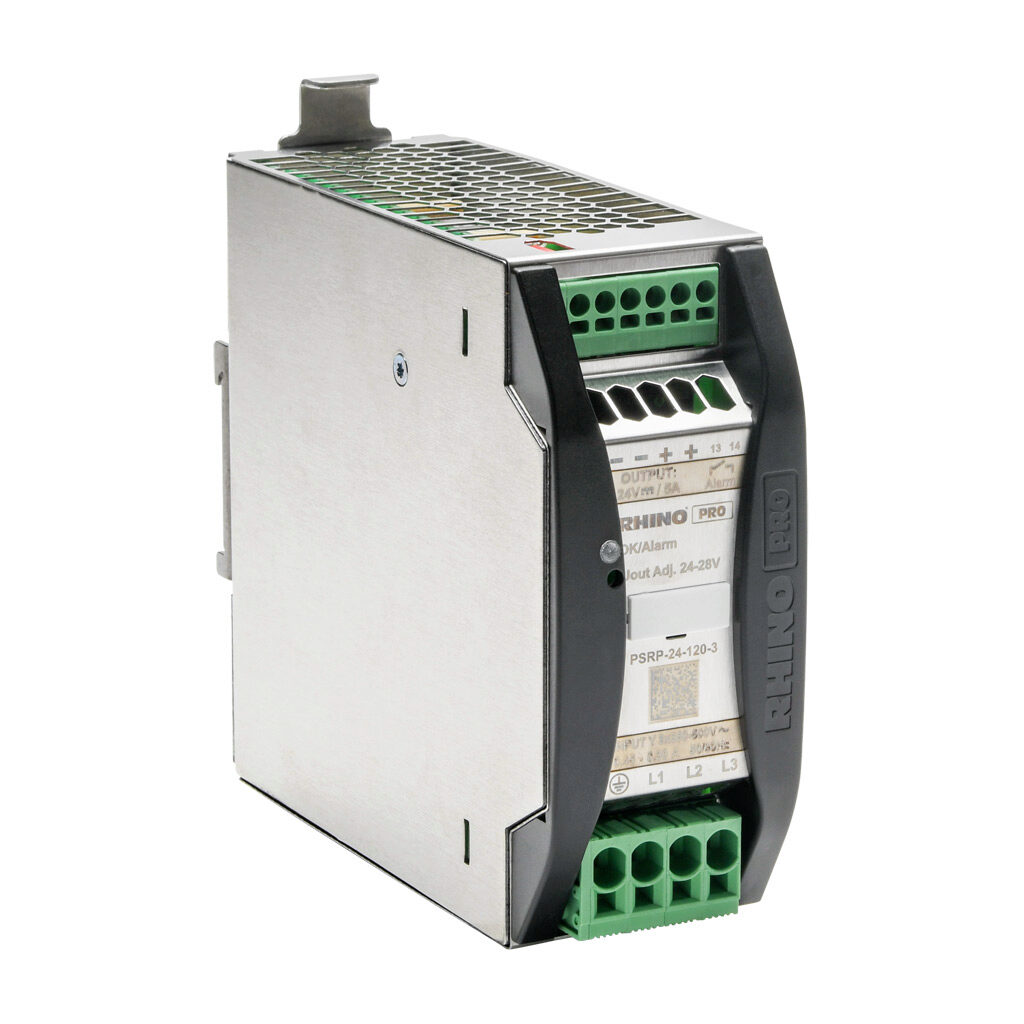 PSRP-24-120-3 - RHINO PRO PSRP series switching power supply, 24 VDC @ 5A/120W, 480 VAC nominal input, 3-phase, enclosed, aluminum housing, 35mm DIN rail mount, push-in spring.