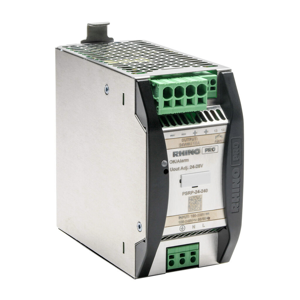 PSRP-24-240 - RHINO PRO PSRP series switching power supply, 24 VDC @ 10A/240W, 120 VAC and 240 VAC nominal input, 1-phase, enclosed, aluminum housing, 35mm DIN rail mount, push-in spring.