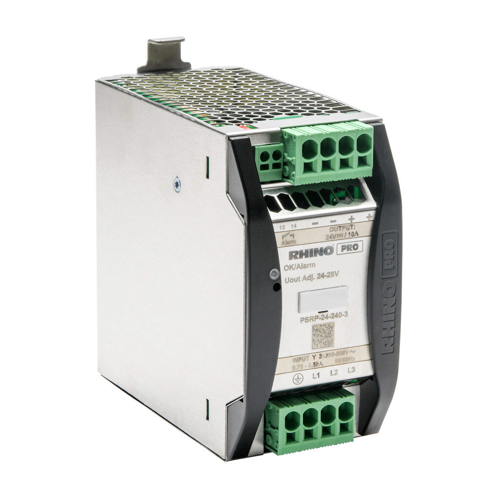 PSRP-24-240-3 - RHINO PRO PSRP series switching power supply, 24 VDC @ 10A/240W, 480 VAC nominal input, 3-phase, enclosed, aluminum housing, 35mm DIN rail mount, push-in spring.
