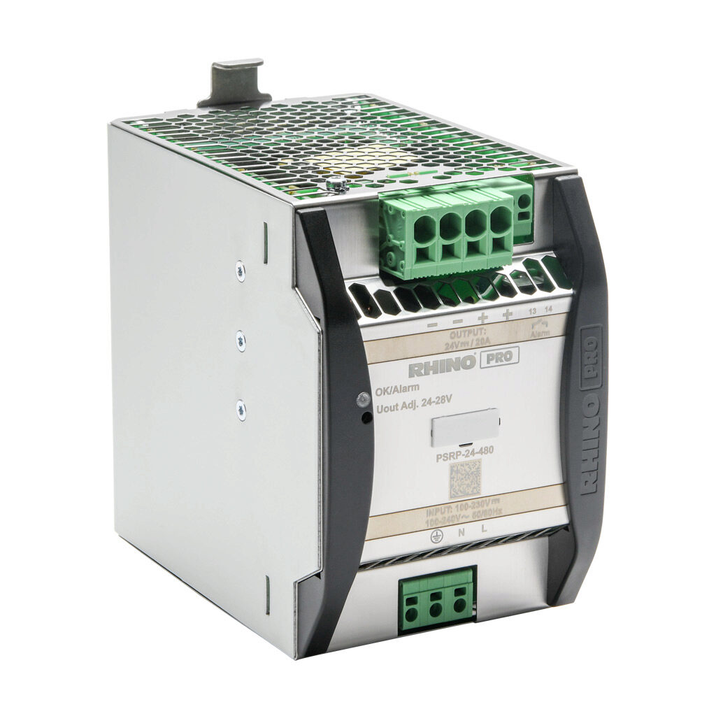 PSRP-24-480 - RHINO PRO PSRP series switching power supply, 24 VDC @ 20A/480W, 120 VAC and 240 VAC nominal input, 1-phase, enclosed, aluminum housing, 35mm DIN rail mount, push-in spring.