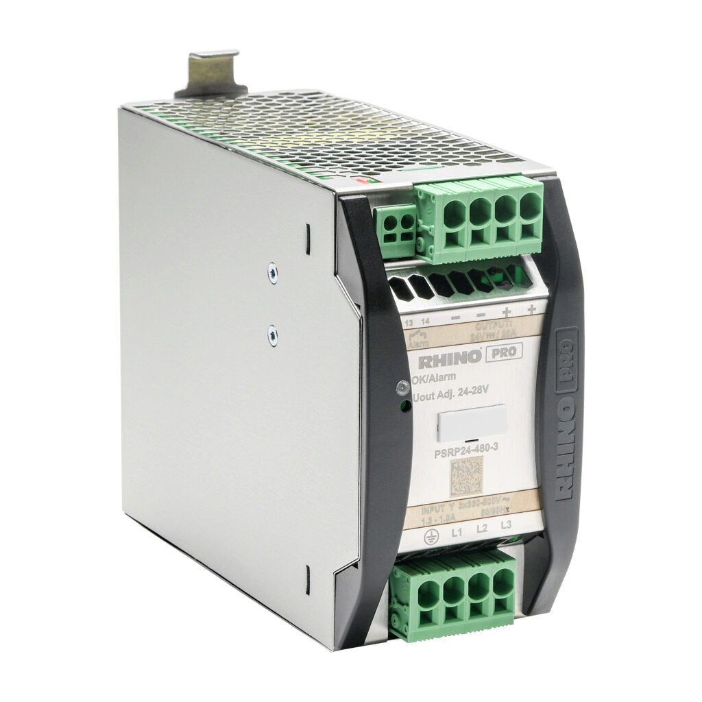 PSRP-24-480-3 - RHINO PRO PSRP series switching power supply, 24 VDC @ 20A/480W, 480 VAC nominal input, 3-phase, enclosed, aluminum housing, 35mm DIN rail mount, push-in spring.