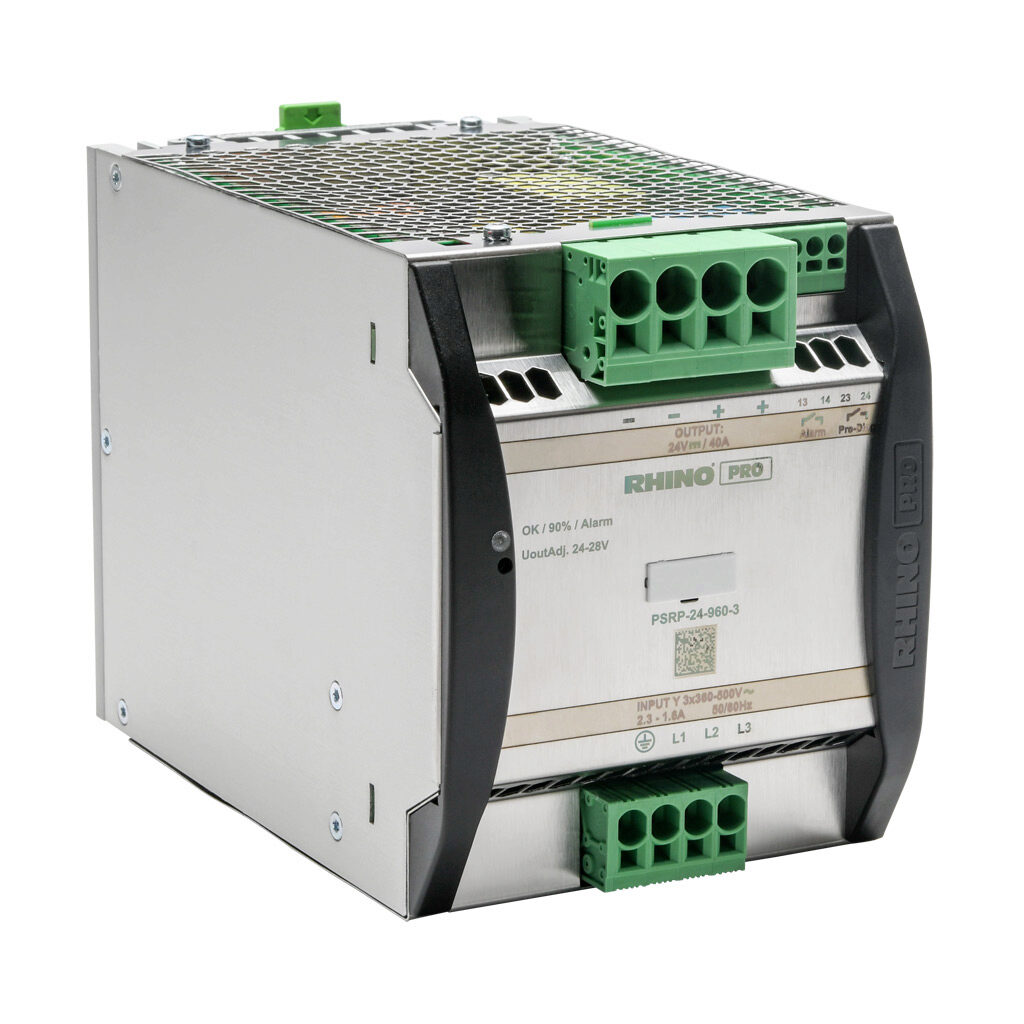PSRP-24-960-3 - RHINO PRO PSRP series switching power supply, 24 VDC @ 40A/960W, 480 VAC nominal input, 3-phase, enclosed, aluminum housing, 35mm DIN rail mount, push-in spring.