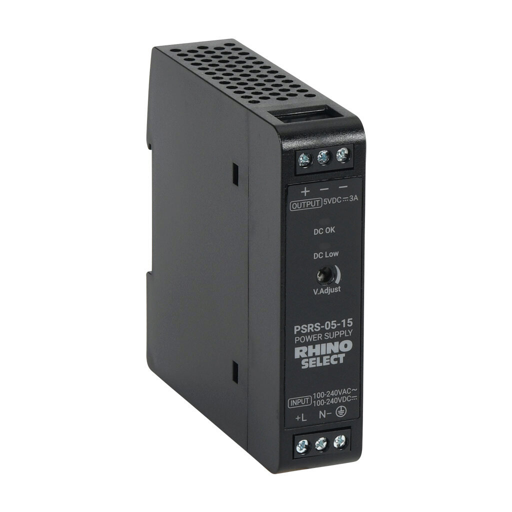 PSRS-05-15 - RHINO SELECT PSRS series switching power supply, 5 VDC @ 3A/15W, 120 VAC and 240 VAC nominal input, 1-phase, enclosed, plastic housing, 35mm DIN rail mount, screw terminals.