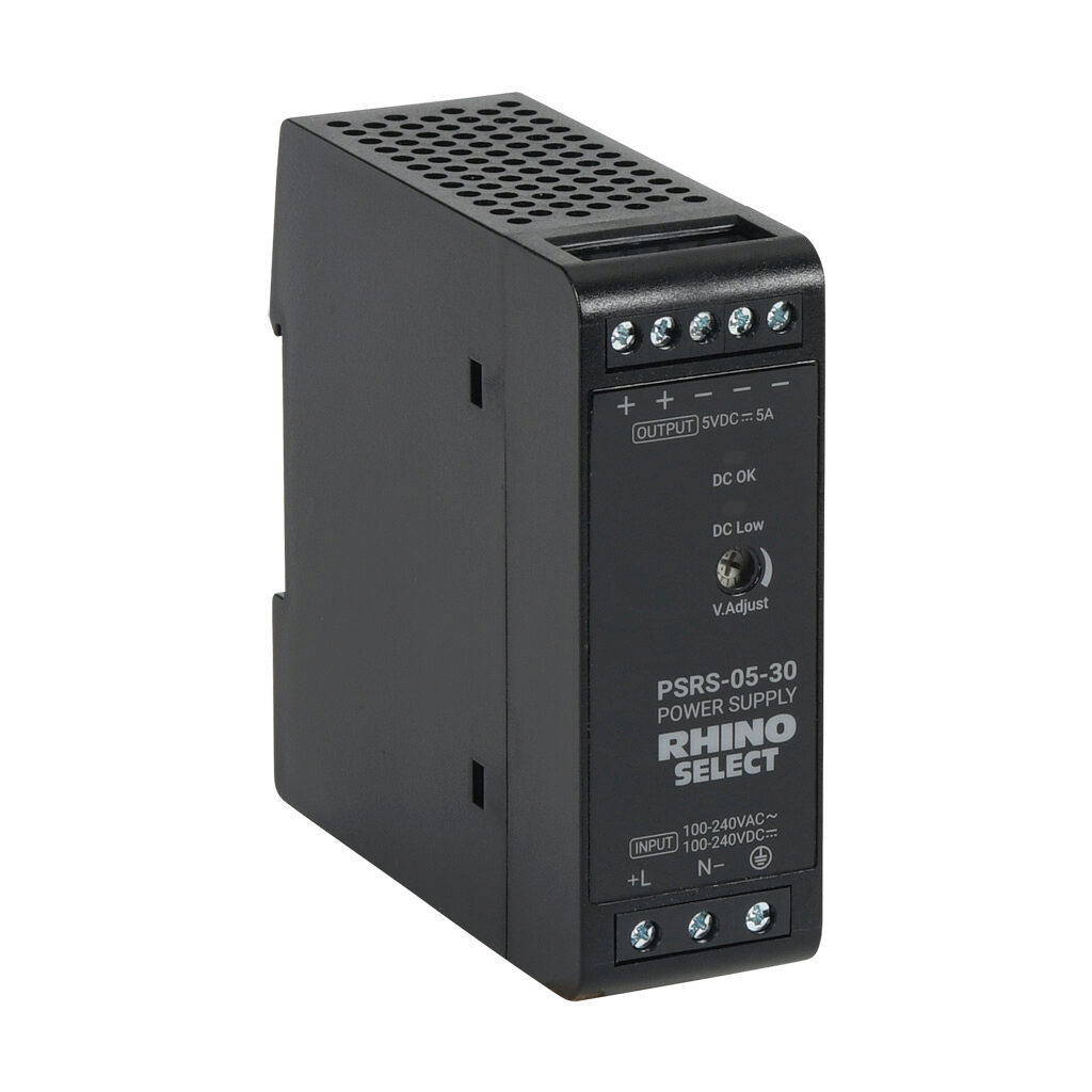 PSRS-05-30 - RHINO SELECT PSRS series switching power supply, 5 VDC @ 5A/25W, 120 VAC and 240 VAC nominal input, 1-phase, enclosed, plastic housing, 35mm DIN rail mount, screw terminals.