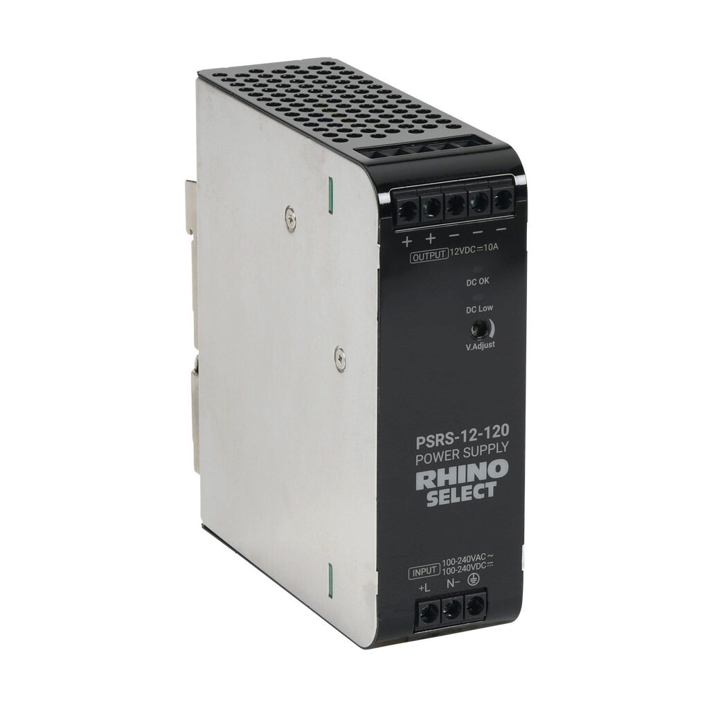 PSRS-12-120 - RHINO SELECT PSRS series switching power supply, 12 VDC @ 10A/120W, 120 VAC and 240 VAC nominal input, 1-phase, enclosed, metal housing, 35mm DIN rail mount, screw terminals.