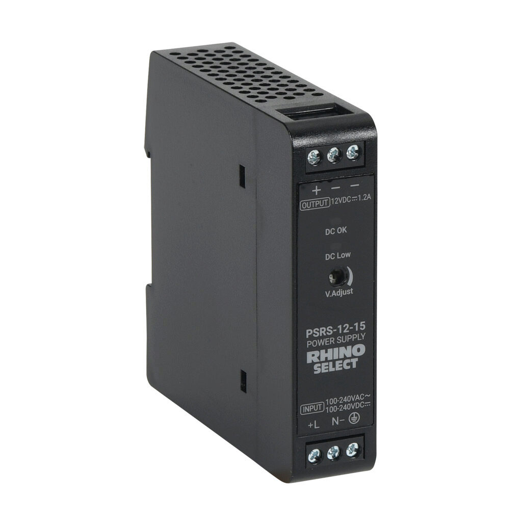 PSRS-12-15 - RHINO SELECT PSRS series switching power supply, 12 VDC @ 1.2A/14.4W, 120 VAC and 240 VAC nominal input, 1-phase, enclosed, plastic housing, 35mm DIN rail mount, screw terminals.