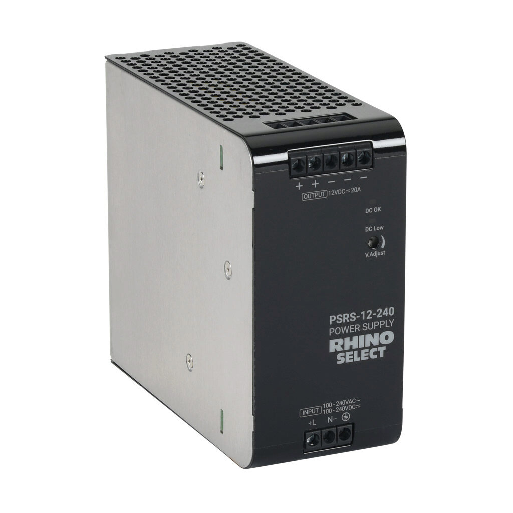 PSRS-12-240 - RHINO SELECT PSRS series switching power supply, 12 VDC @ 20A/240W, 120 VAC and 240 VAC nominal input, 1-phase, enclosed, metal housing, 35mm DIN rail mount, screw terminals.