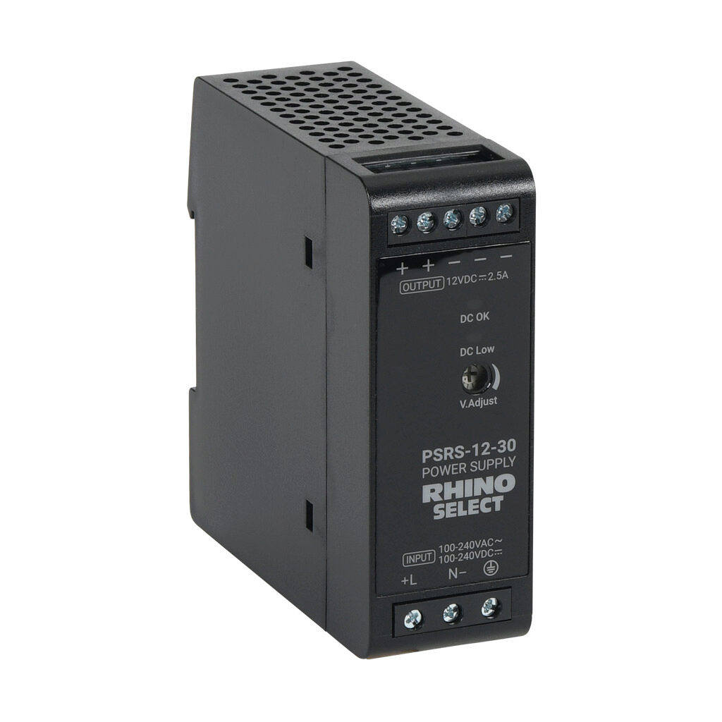 PSRS-12-30 - RHINO SELECT PSRS series switching power supply, 12 VDC @ 2.5A/30W, 120 VAC and 240 VAC nominal input, 1-phase, enclosed, plastic housing, 35mm DIN rail mount, screw terminals.