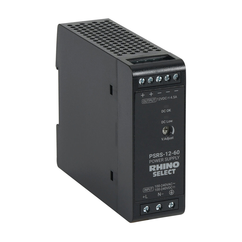PSRS-12-60 - RHINO SELECT PSRS series switching power supply, 12 VDC @ 4.5A/54W, 120 VAC and 240 VAC nominal input, 1-phase, enclosed, plastic housing, 35mm DIN rail mount, screw terminals.