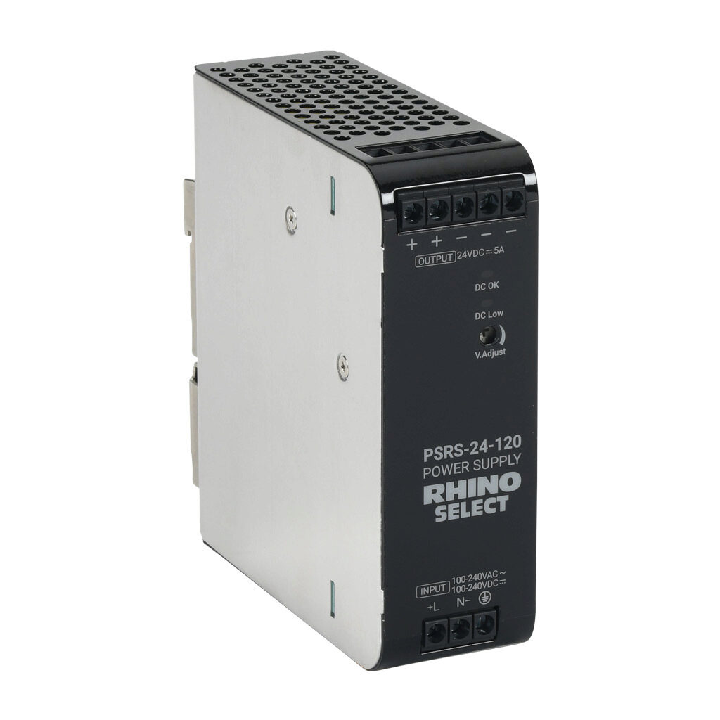 PSRS-24-120 - RHINO SELECT PSRS series switching power supply, 24 VDC @ 5A/120W, 120 VAC and 240 VAC nominal input, 1-phase, enclosed, metal housing, 35mm DIN rail mount, screw terminals.