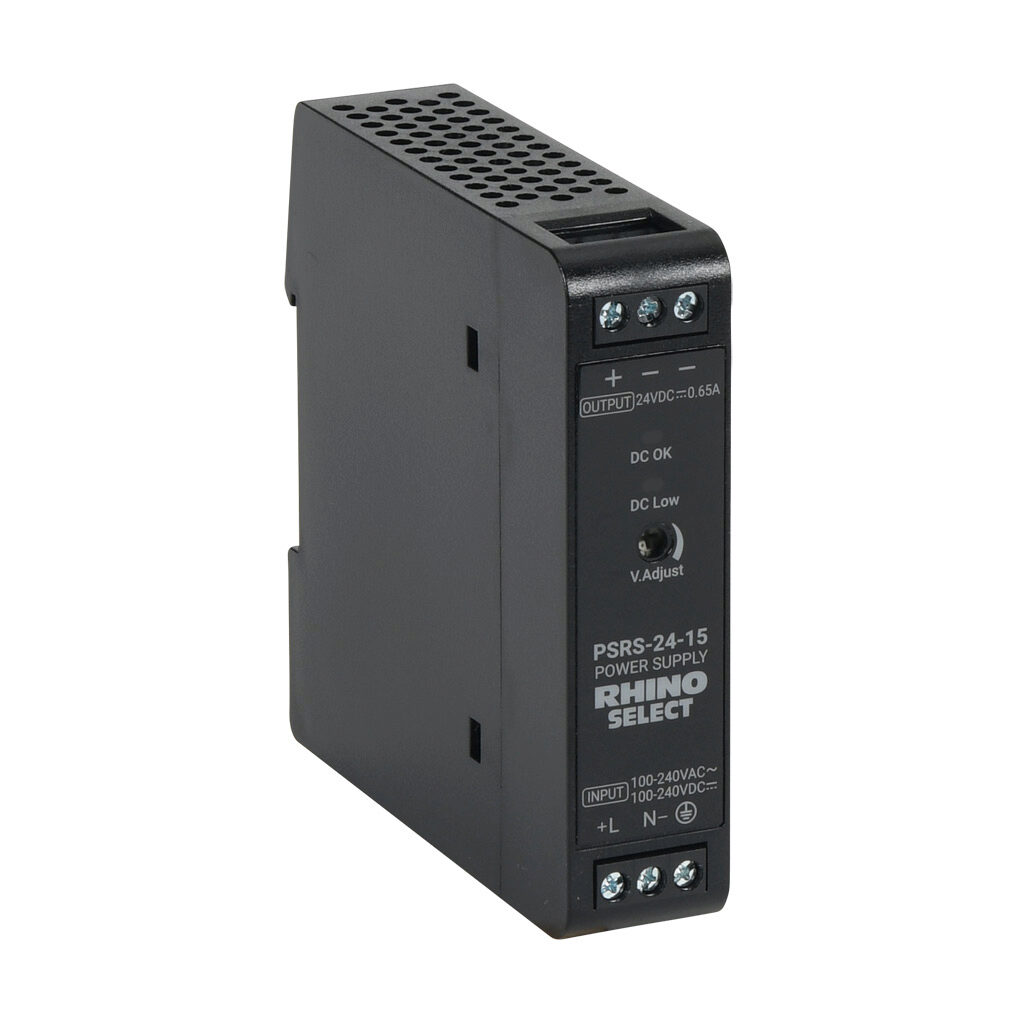 PSRS-24-15 - RHINO SELECT PSRS series switching power supply, 24 VDC @ 0.65A/15W, 120 VAC and 240 VAC nominal input, 1-phase, enclosed, plastic housing, 35mm DIN rail mount, screw terminals.
