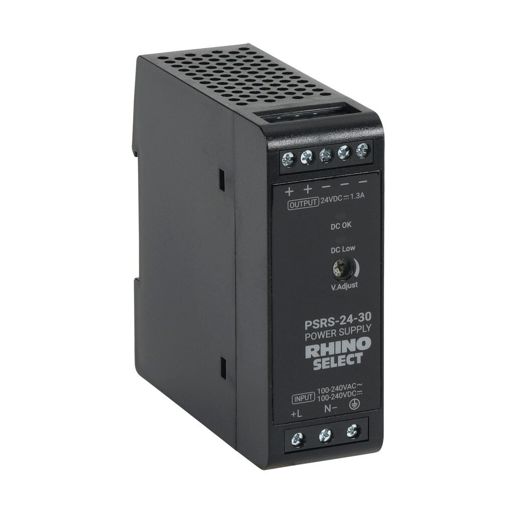 PSRS-24-30 - RHINO SELECT PSRS series switching power supply, 24 VDC @ 1.3A/31.2W, 120 VAC and 240 VAC nominal input, 1-phase, enclosed, plastic housing, 35mm DIN rail mount, screw terminals.