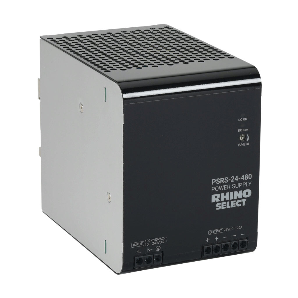 PSRS-24-480 - RHINO SELECT PSRS series switching power supply, 24 VDC @ 20A/480W, 120 VAC and 240 VAC nominal input, 1-phase, enclosed, metal housing, 35mm DIN rail mount, screw terminals.