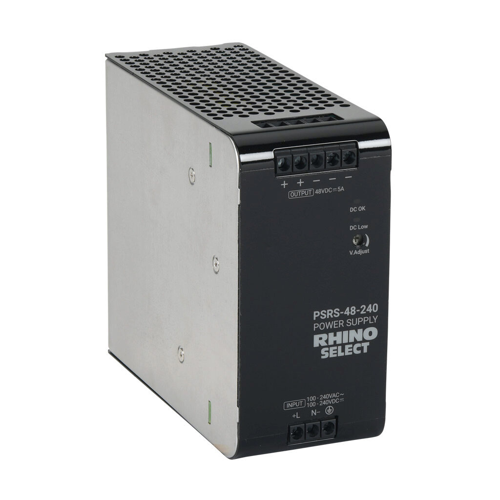 PSRS-48-240 - RHINO SELECT PSRS series switching power supply, 48 VDC @ 5A/240W, 120 VAC and 240 VAC nominal input, 1-phase, enclosed, metal housing, 35mm DIN rail mount, screw terminals.