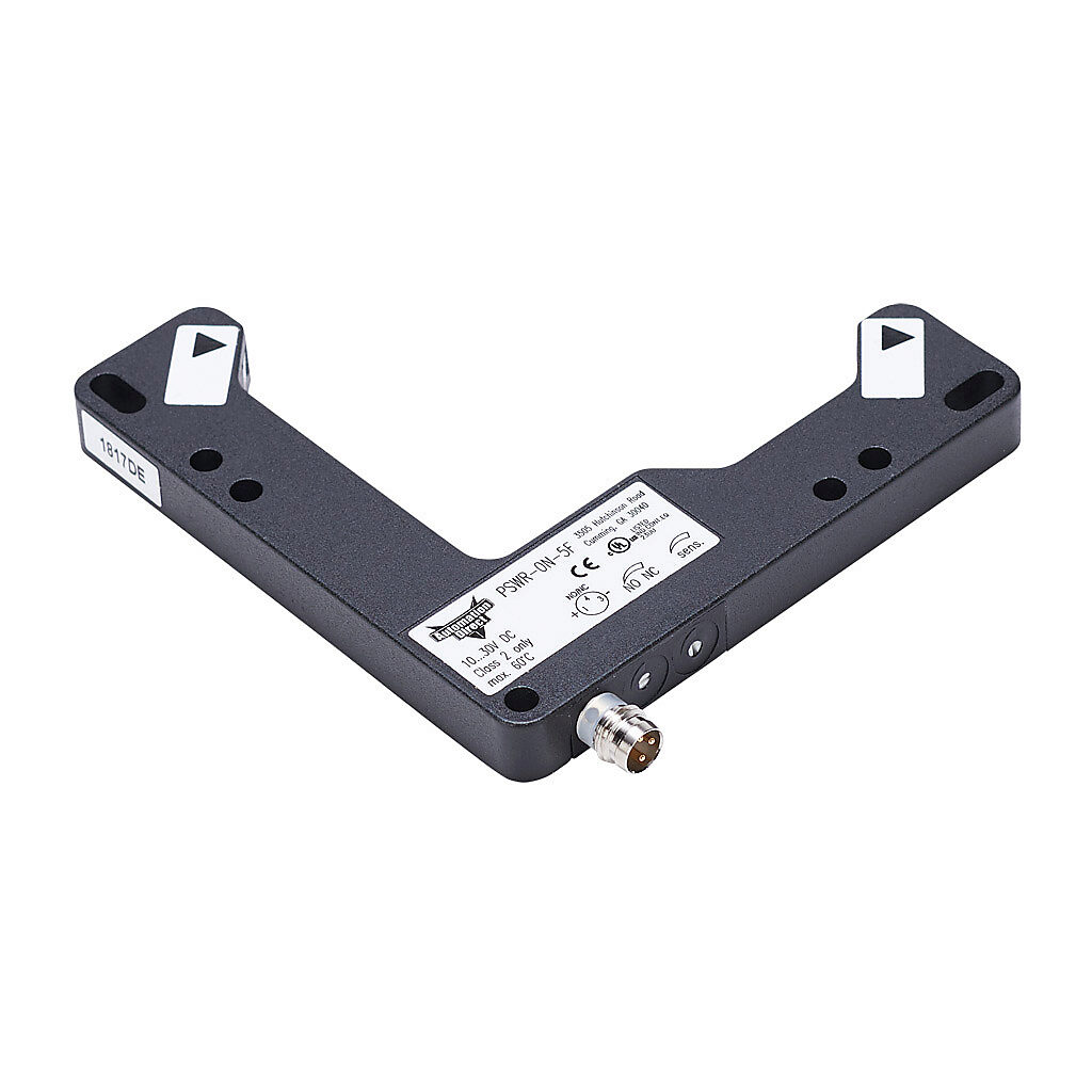 PSWR-0N-5F - AutomationDirect photoelectric sensor, L-frame, fork sensor, visible red, 0-80mm sensing distance, selectable light-on/dark-on, NPN, 10-30 VDC operating voltage, 90 x 99 x 10mm body, die-cast zinc, 3-pin M8 quick-disconnect.