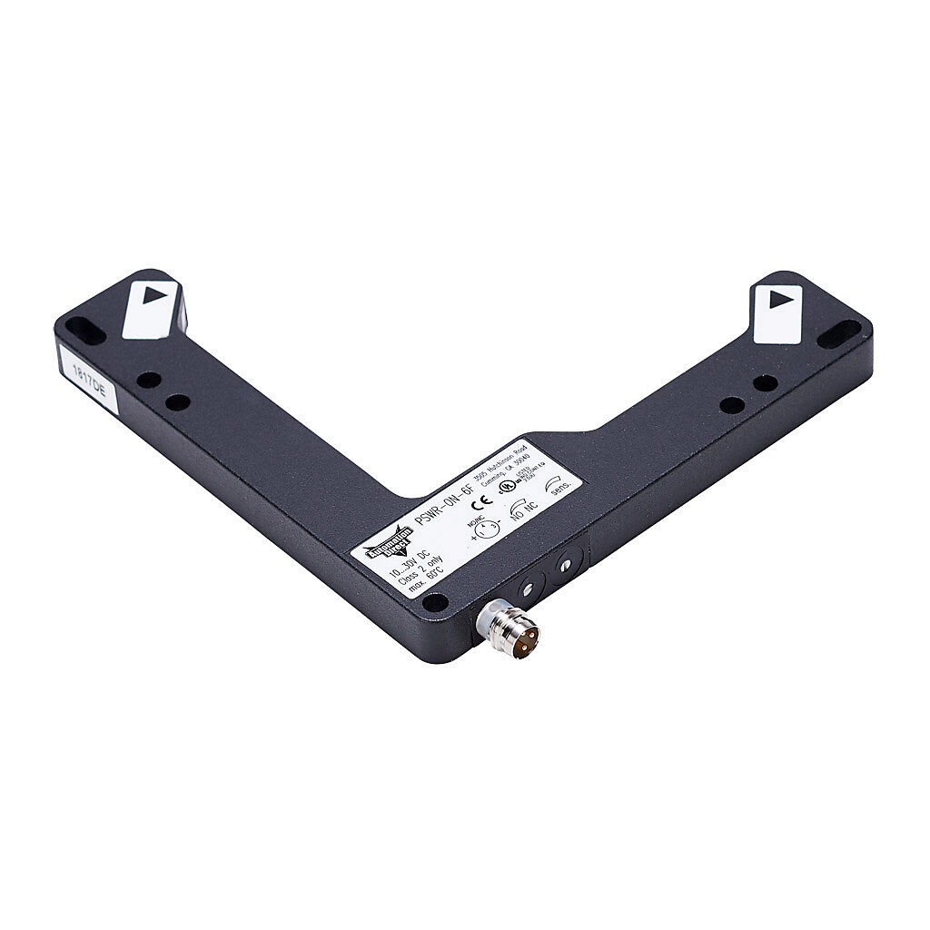 PSWR-0N-6F - AutomationDirect photoelectric sensor, L-frame, fork sensor, visible red, 0-100mm sensing distance, selectable light-on/dark-on, NPN, 10-30 VDC operating voltage, 105 x 114 x 10mm body, die-cast zinc, 3-pin M8 quick-disconnect.