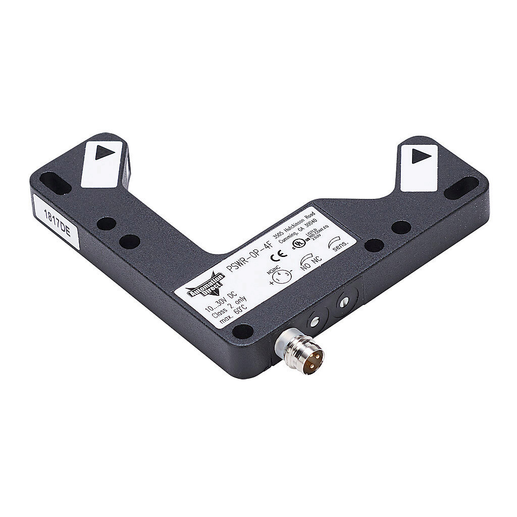 PSWR-0P-4F - AutomationDirect photoelectric sensor, L-frame, fork sensor, visible red, 0-60mm sensing distance, selectable light-on/dark-on, PNP, 10-30 VDC operating voltage, 75 x 84 x 10mm body, die-cast zinc, 3-pin M8 quick-disconnect.
