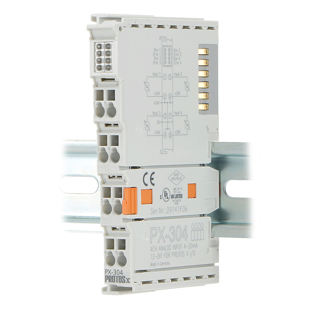 PX-304 - Protos X analog input terminal, 4-channel, current, 12-bit, input current signal range(s) of 4-20 mA.