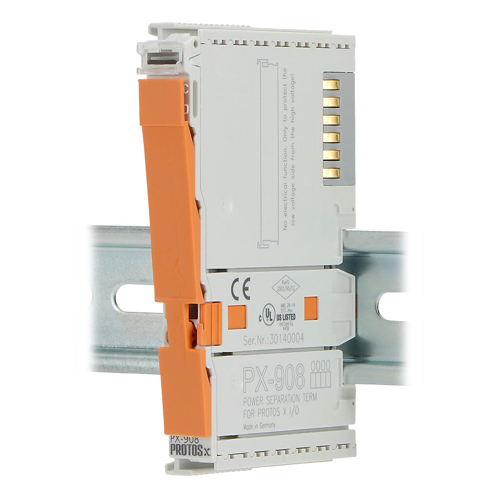 PX-908 - Protos X power separation terminal, 24 VDC. For use with Protos X I/O systems. Interrupts the power flow of power bus to the left.
