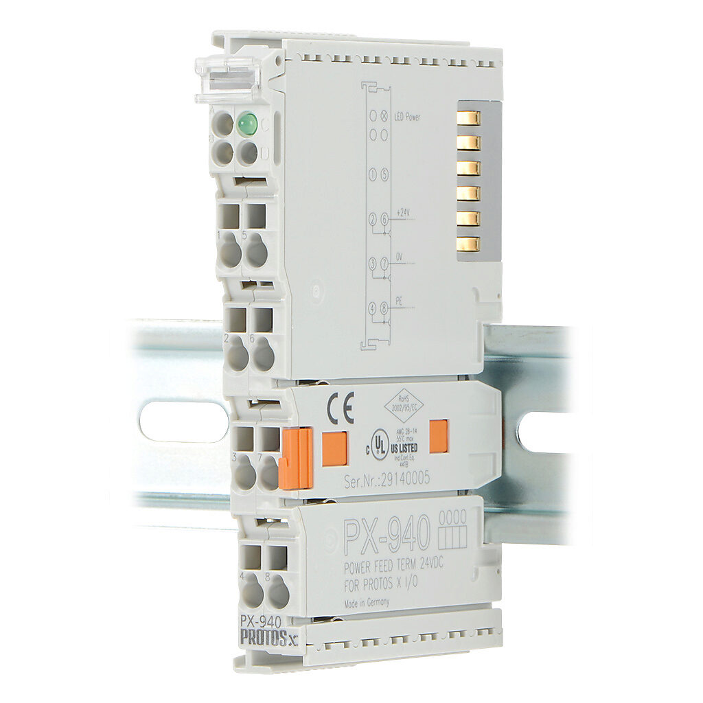 PX-940 - Protos X power feed terminal, 24 VDC. For use with Protos X I/O systems. Introduces power into I/O terminals power bus or switches from one voltage source to another for power flow to the right.