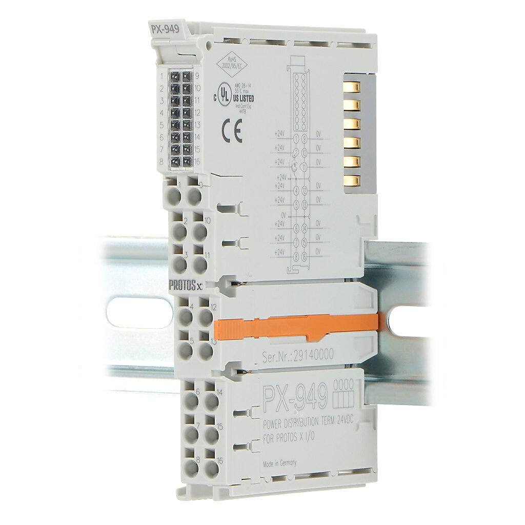 PX-949 - Protos X power distribution terminal, 24 VDC. For use with Protos X I/O systems. Provides (8) 24 VDC and (8) 0 VDC connections.