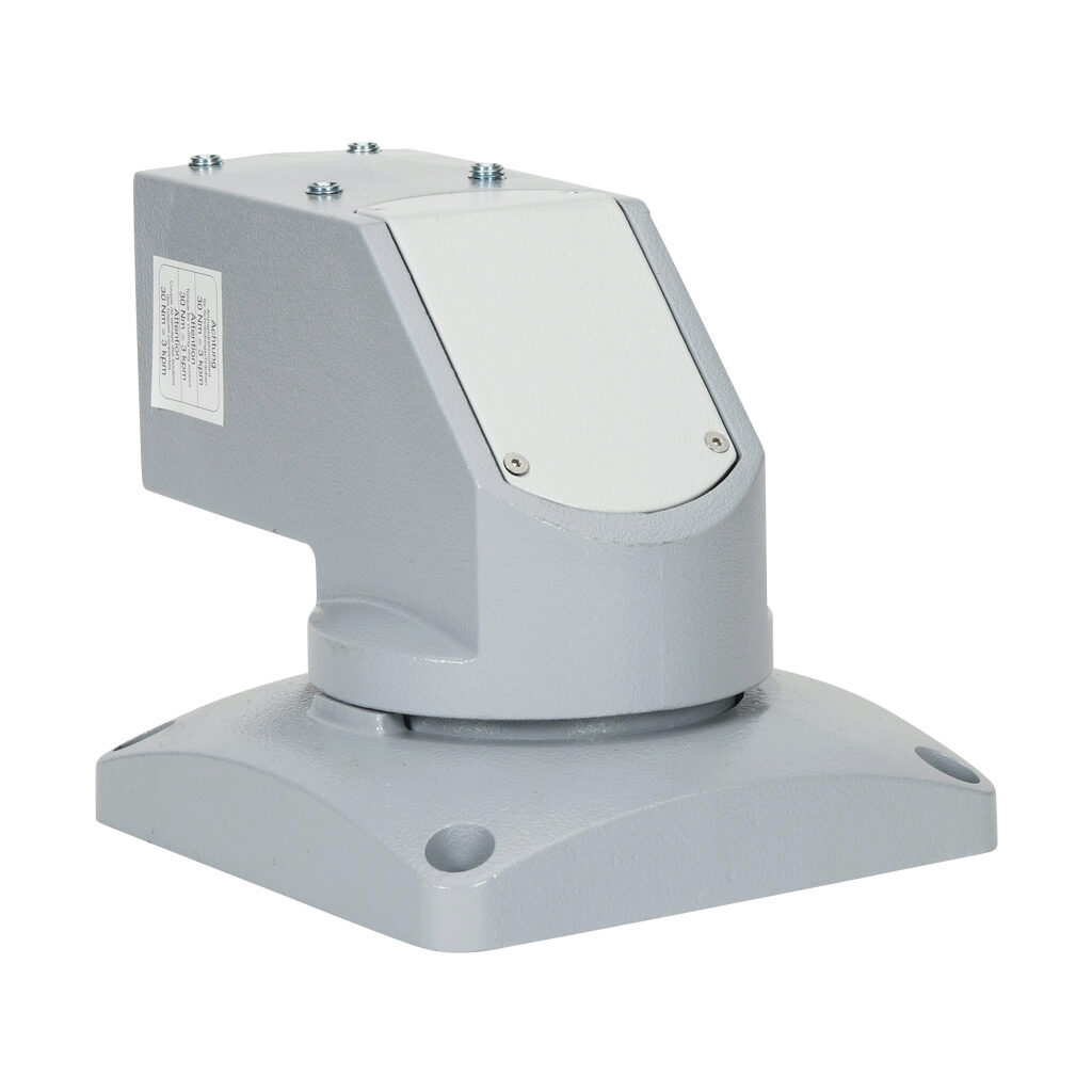 R147-005-200R - Hammond suspension arm fitting, right-angle top-mount swivel base, 300 degrees movement range, ductile iron, RAL 7040 window gray, powder coat finish. For use with 80mm Heavy Duty suspension arm profile.
