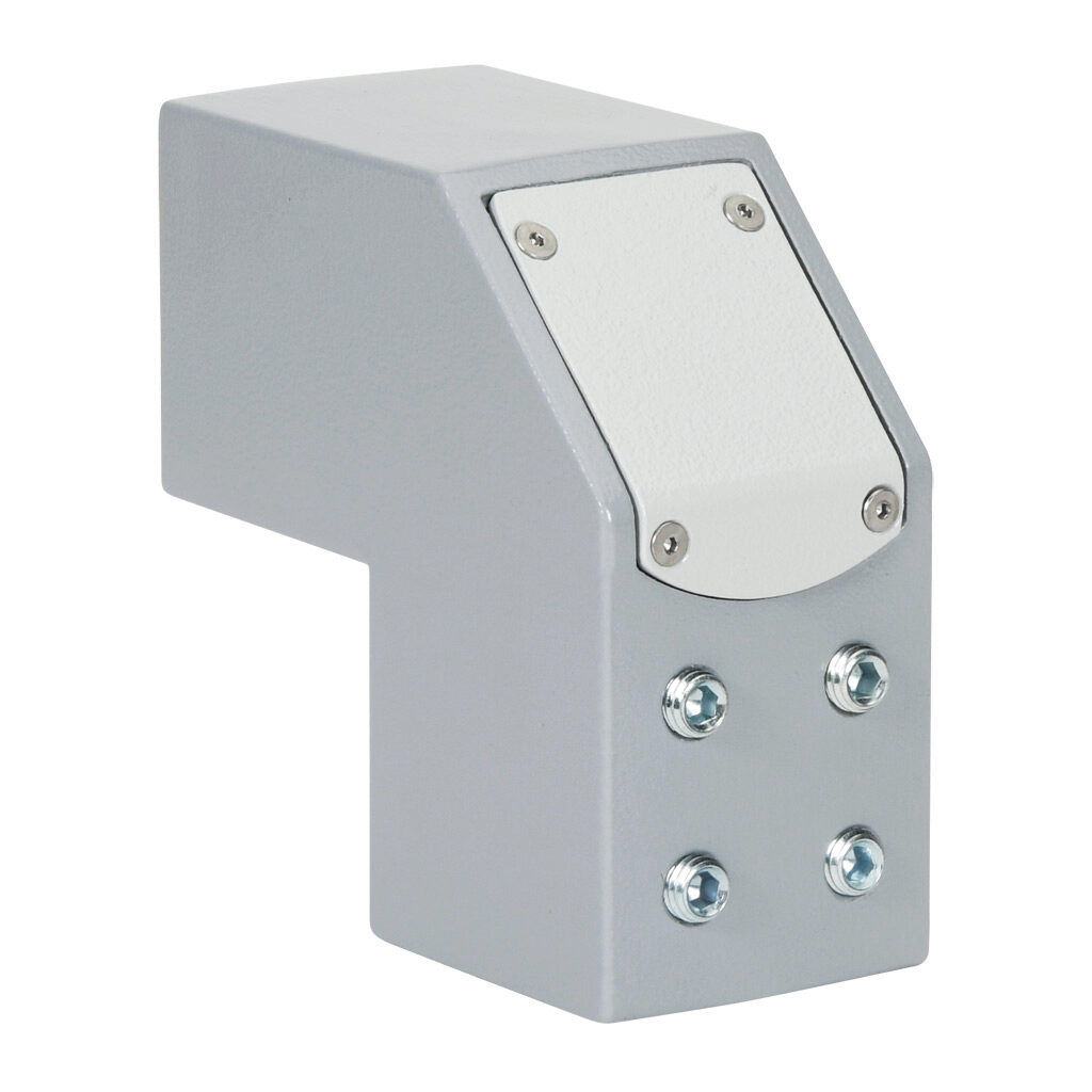 R147-020-000R - Hammond suspension arm fitting, 90-degree elbow, aluminum, RAL 7040 window gray, powder coat finish. For use with 50mm Heavy Duty suspension arm profile.