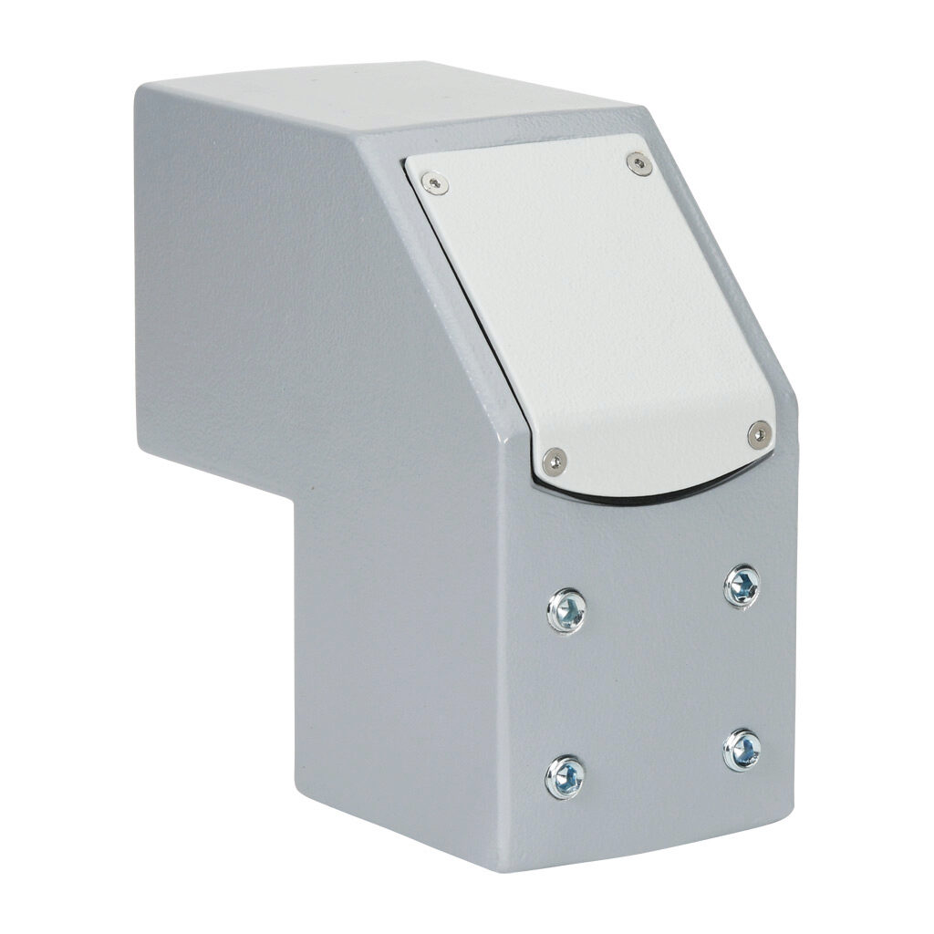 R147-020-200R - Hammond suspension arm fitting, 90-degree elbow, aluminum, RAL 7040 window gray, powder coat finish. For use with 80mm Heavy Duty suspension arm profile.