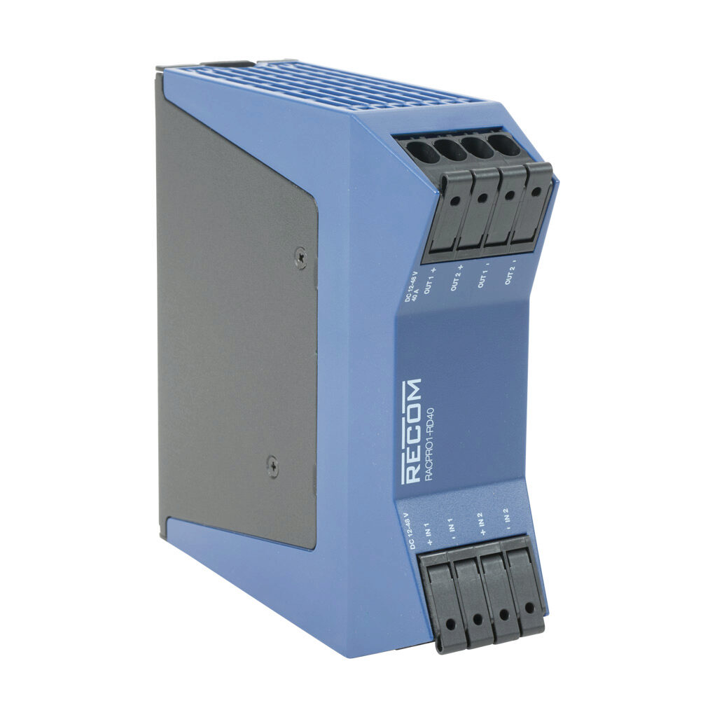 RACPRO1-RD40 - RECOM Power redundancy module, 2 inputs, 12/24/48 VDC nominal input, 12/24/48 VDC output, 40A, push terminals. Requires (2) matched 12, 24 or 48 VDC power supplies.