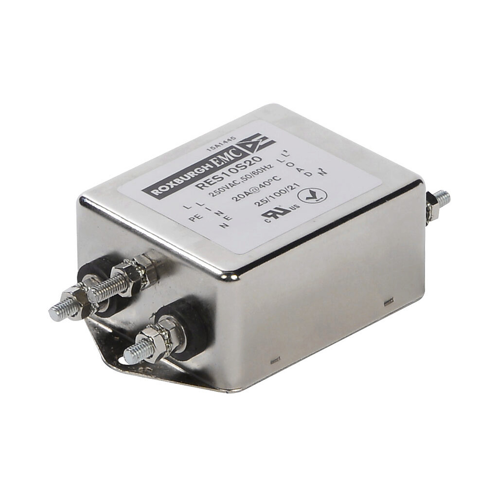 RES10S20 - Roxburgh EMI input filter, 120/240 VAC, 1-phase, 20A, panel mount, EMI/RFI filtering, 1-stage, general purpose, standard performance, studs.