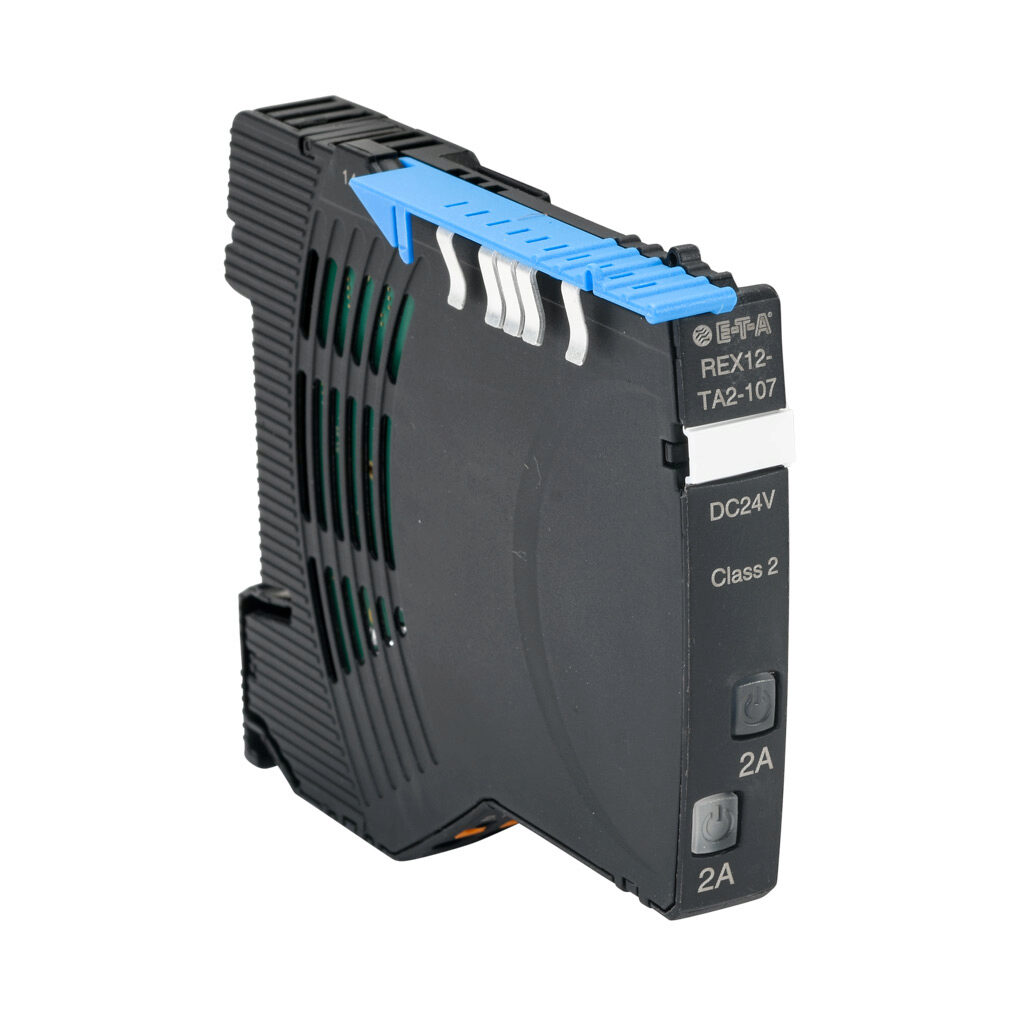 REX-TA2-24-2A - E-T-A REX series modular circuit protector, overcurrent protection, 2A, 24 VDC output, 2 independent channel(s), electronic, NEC Class 2, 35mm DIN rail mount.