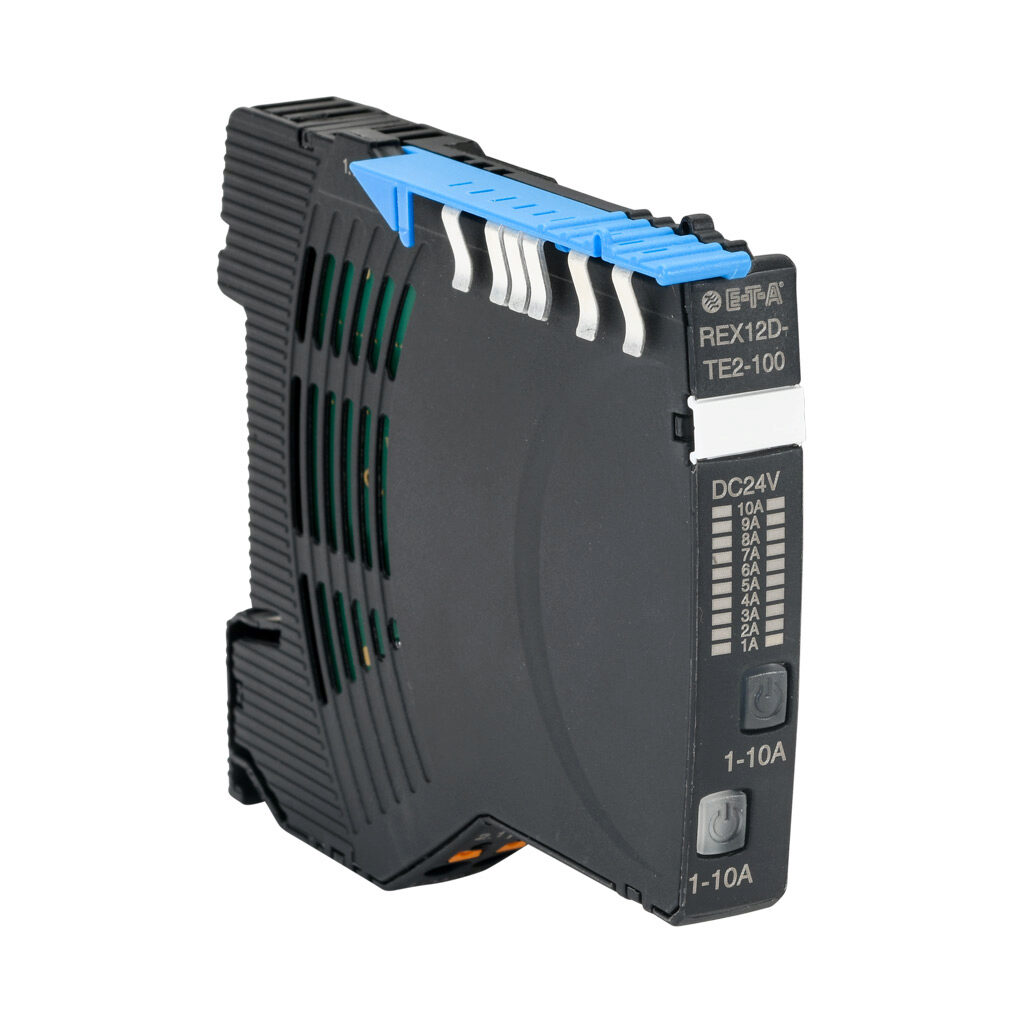 REXD-TE2-24-1A-10A - E-T-A REX series modular circuit protector, overcurrent protection, adjustable 1-10A, 24 VDC output, 2 independent channel(s), electronic, 35mm DIN rail mount.