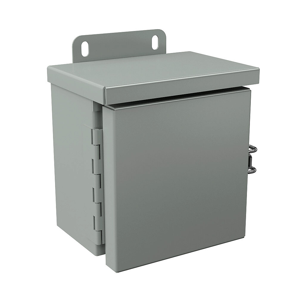 RHC060604 - Wiegmann enclosure, NEMA 1/3R, 6 x 6 x 4in (HxWxD), wall mount, with knockouts, carbon steel, ANSI 61 gray, powder coat finish, single-door, quick-release latch, padlock hasp and staple.