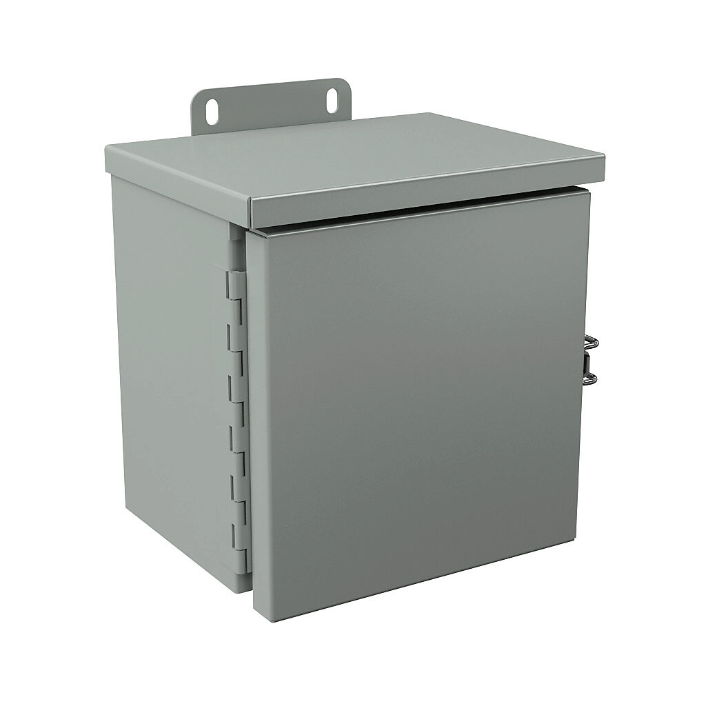 RHC080806 - Wiegmann enclosure, NEMA 1/3R, 8 x 8 x 6in (HxWxD), wall mount, with knockouts, carbon steel, ANSI 61 gray, powder coat finish, single-door, quick-release latch, padlock hasp and staple.