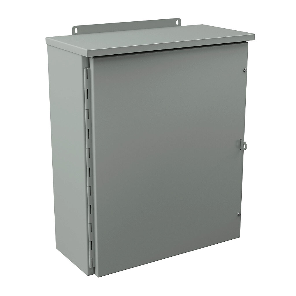 RHC242008 - Wiegmann enclosure, NEMA 1/3R, 24 x 20 x 8in (HxWxD), wall mount, carbon steel, ANSI 61 gray, powder coat finish, single-door, 1/4-turn flush-mounted latch, padlock hasp and staple.