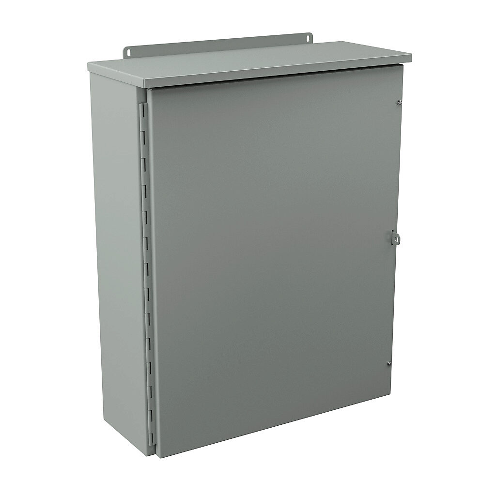 RHC302408 - Wiegmann enclosure, NEMA 1/3R, 30 x 24 x 8in (HxWxD), wall mount, carbon steel, ANSI 61 gray, powder coat finish, single-door, 1/4-turn flush-mounted latch, padlock hasp and staple.