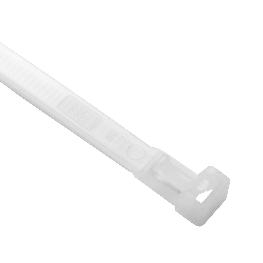 RIA.2.232 - SapiSelco releasable cable tie, general purpose, nylon 6.6, 7.87in length, 0.3in width, 61lb tensile strength, 1.97in maximum bundle diameter, natural. Package of 100.