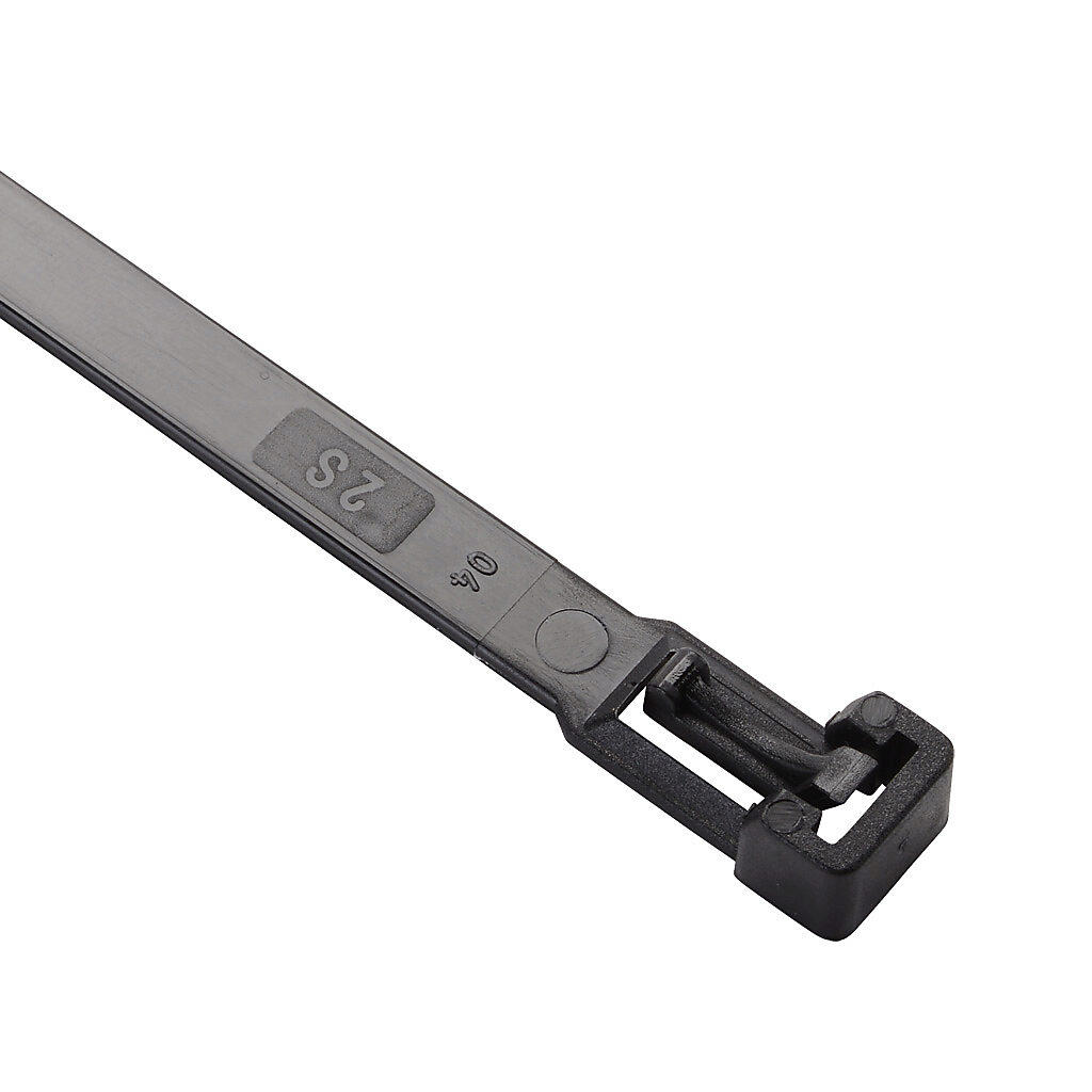 RIA.3.231 - SapiSelco releasable cable tie, general purpose, nylon 6.6, 9.84in length, 0.3in width, 61lb tensile strength, 2.56in maximum bundle diameter, black. Package of 100.