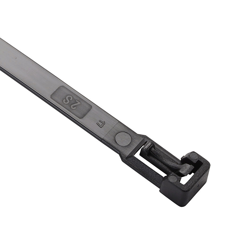 RIA.3.232 - SapiSelco releasable cable tie, general purpose, nylon 6.6, 7.87in length, 0.3in width, 61lb tensile strength, 1.97in maximum bundle diameter, black. Package of 100.