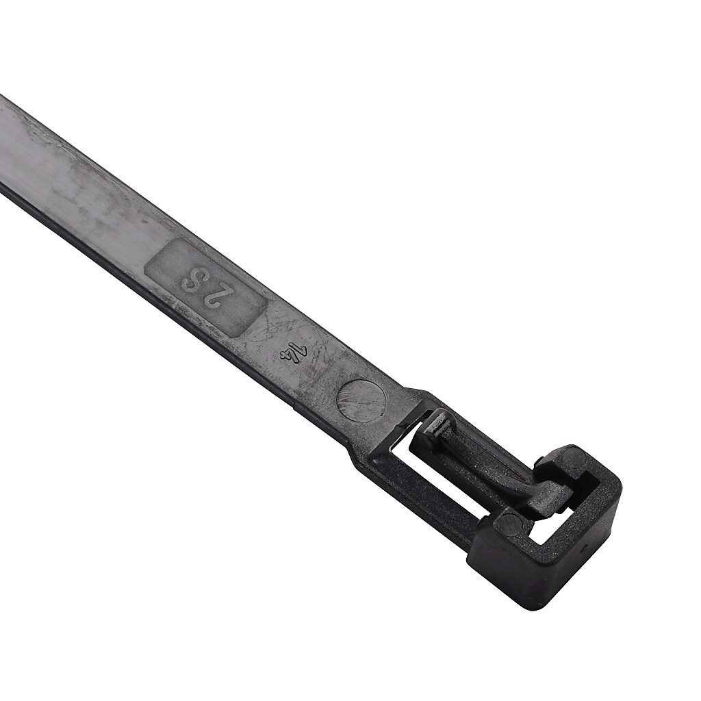 RIA.3.233 - SapiSelco releasable cable tie, general purpose, nylon 6.6, 11.02in length, 0.3in width, 61lb tensile strength, 2.99in maximum bundle diameter, black. Package of 100.