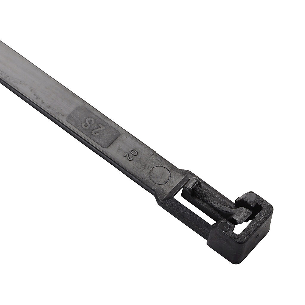 RIA.3.234 - SapiSelco releasable cable tie, general purpose, nylon 6.6, 14.17in length, 0.3in width, 61lb tensile strength, 3.94in maximum bundle diameter, black. Package of 100.