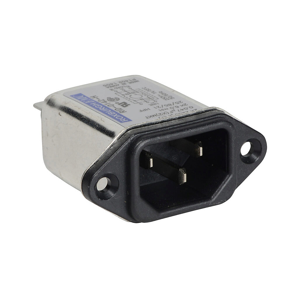 RID-0142-H - Roxburgh IEC inlet filter, 120/240 VAC, 1-phase, 1A, screw mount, EMI/RFI filtering, 1-stage, general purpose, standard performance, 1/4in quick-disconnect.