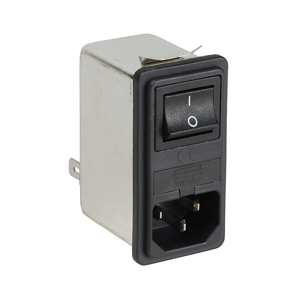 RIQ-0642-H2 - Roxburgh IEC inlet filter, 120/240 VAC, 1-phase, 6A, on/off switch, fused, snap-in mount, EMI/RFI filtering, 1-stage, general purpose, standard performance, 1/4in quick-disconnect.
