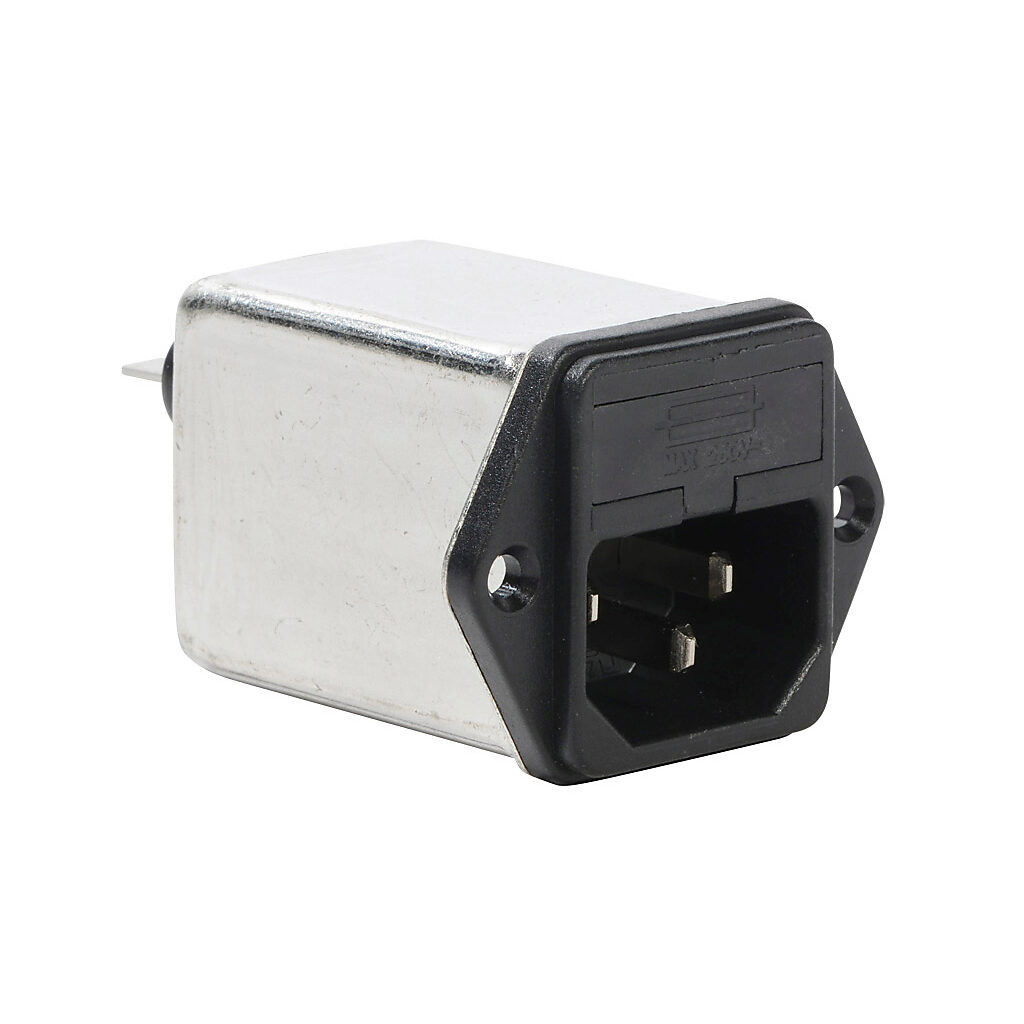 RIR-0222-H - Roxburgh IEC inlet filter, 120/240 VAC, 1-phase, 2A, fused, screw mount, EMI/RFI filtering, 1-stage, general purpose, standard performance, 1/4in quick-disconnect.