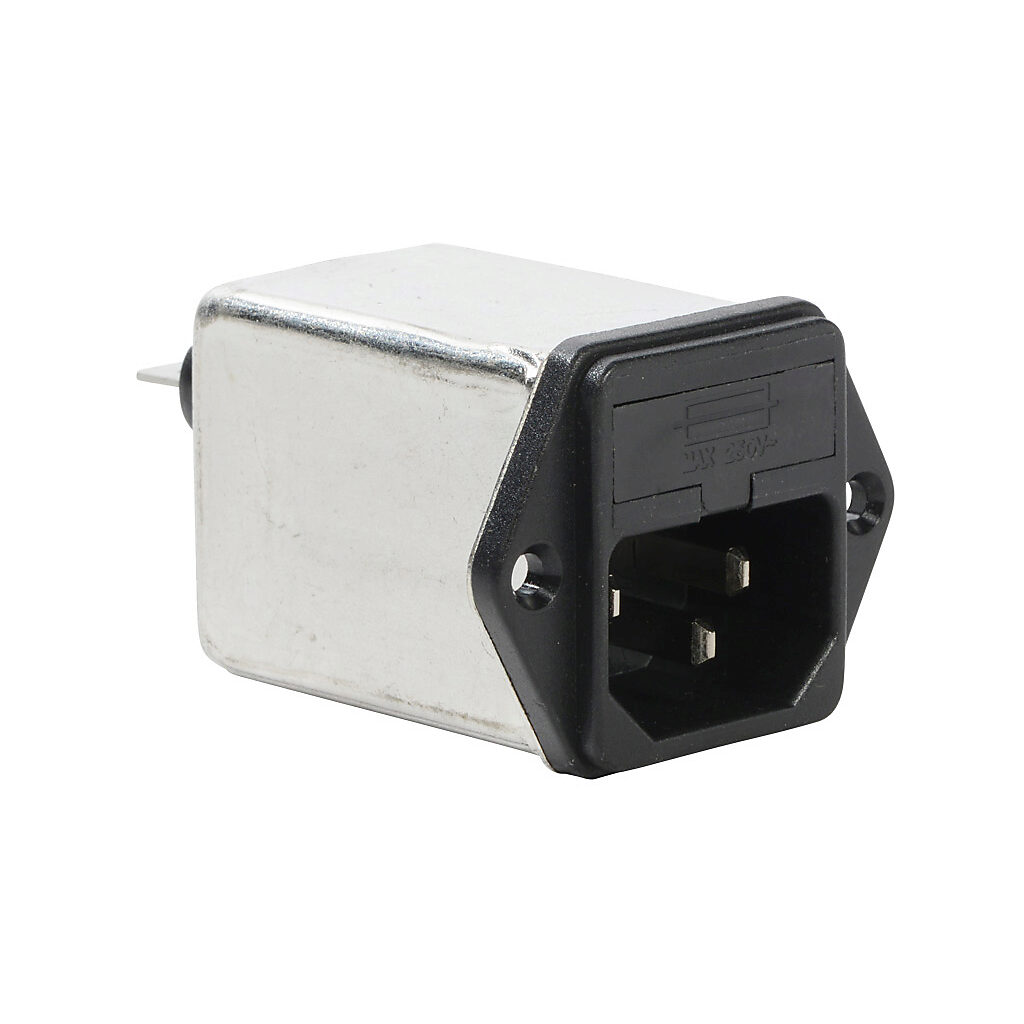 RIR-0422-H - Roxburgh IEC inlet filter, 120/240 VAC, 1-phase, 4A, fused, screw mount, EMI/RFI filtering, 1-stage, general purpose, standard performance, 1/4in quick-disconnect.